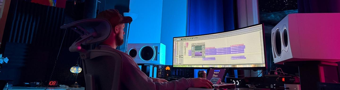 An engineer working a session at the mix desk at Stratosphere Records, DAW open across an ultrawide display.
