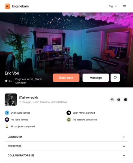 Eric Von's EngineEars profile showing the orange Book now button, a 5.0 rating, and verified badges.