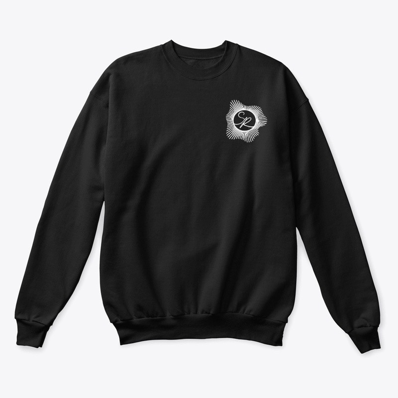 Black crewneck sweatshirt, front view, with the SR sunburst logo on the left chest