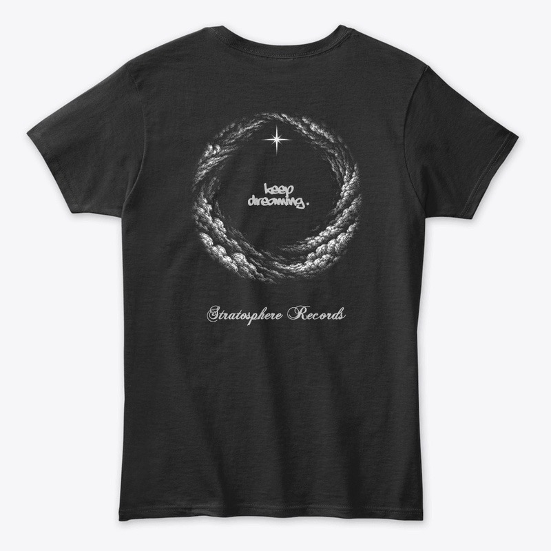 Black fitted women's t-shirt, back view, printed with the cloud vortex ring, the words “keep dreaming,” and the Stratosphere Records script