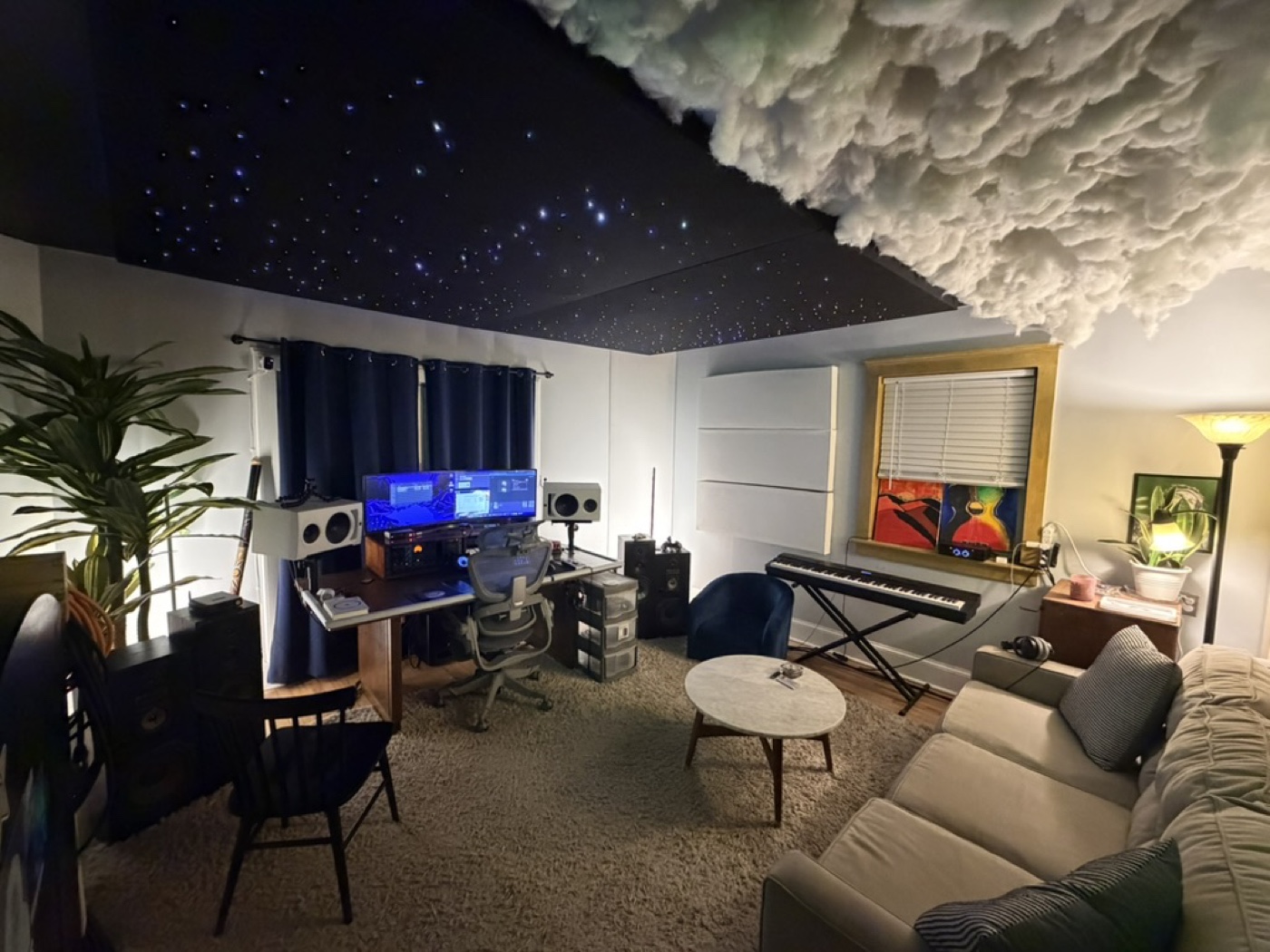 Studio A at Stratosphere Records: the mix desk beneath a sculpted cloud ceiling and fiber-optic star field.